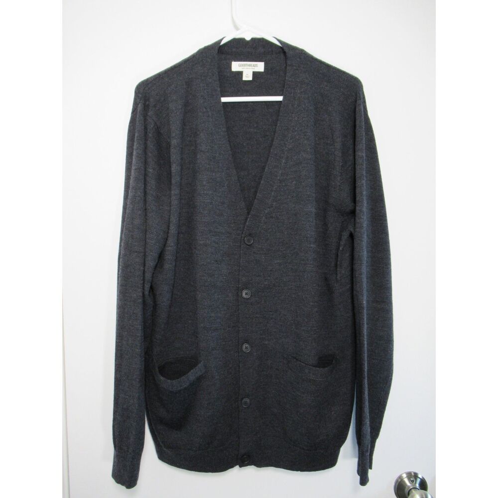 Goodthreads Men's Charcoal V-Neck Cardigan 100% Merino Wool Size XL Grandpacore